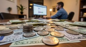 Dollar notes and coins on the table