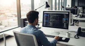 Man sitting behind the desk in the office
